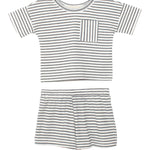 The Micah Short Sleeve Two Piece Set by Beckett and Bear features a white shirt with thin black stripes and a chest pocket, paired with matching striped shorts—perfect for comfy baby outfits.