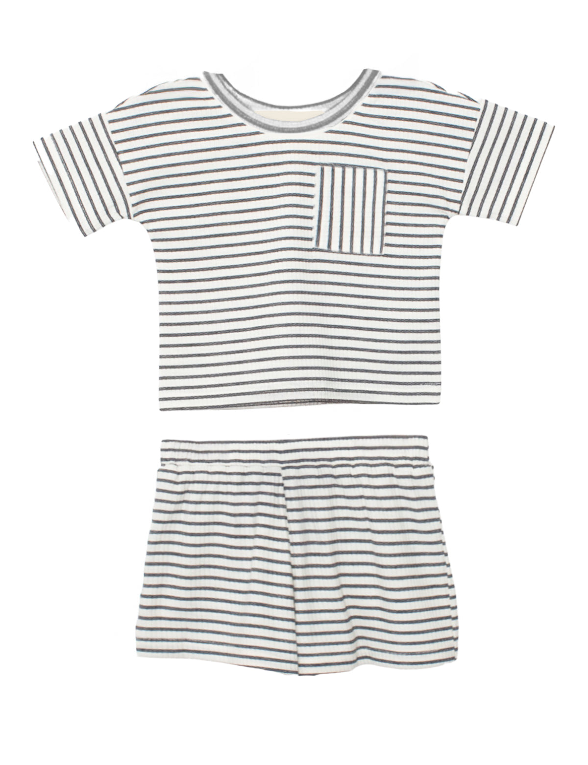 The Micah Short Sleeve Two Piece Set by Beckett and Bear features a white shirt with thin black stripes and a chest pocket, paired with matching striped shorts—perfect for comfy baby outfits.