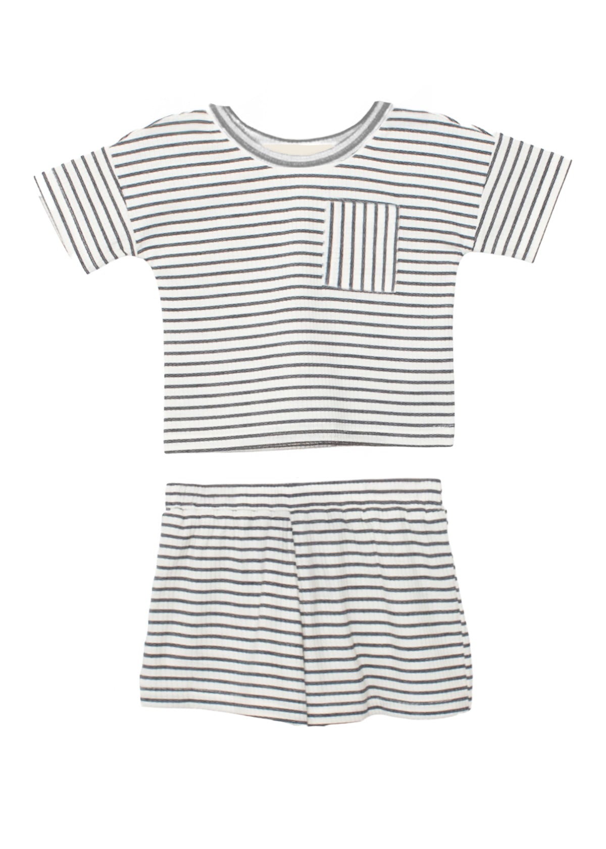The Micah Short Sleeve Two Piece Set by Beckett and Bear features a white shirt with thin black stripes and a chest pocket, paired with matching striped shorts—perfect for comfy baby outfits.