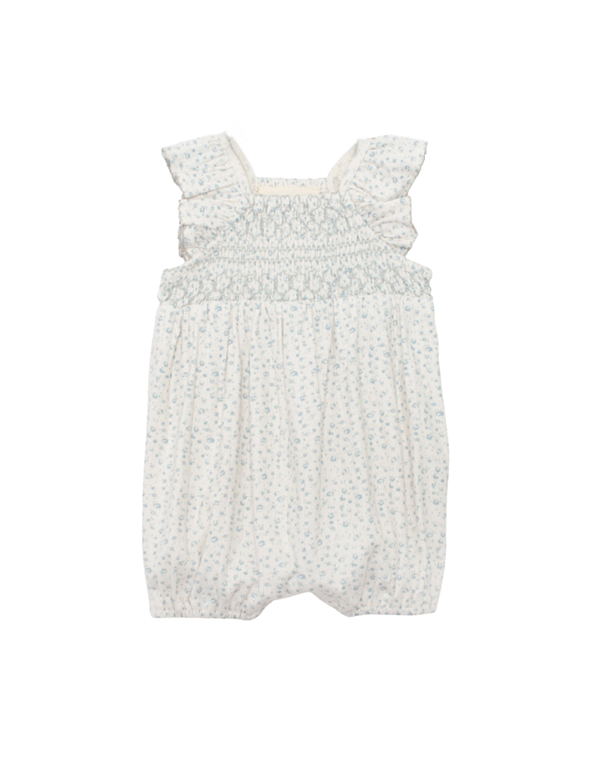 The Mabel and Honey Opal Short Flutter Sleeve Romper features a white floral print, smocked bodice, ruffled shoulder straps, and gathered leg openings for infants, shown on a plain white background.