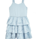 The Pearly Girly Sleeveless Dress by Isobella and Chloe is a light blue girls’ dress with a fitted bodice, beaded waistline, and three-tiered ruffled skirt, shown on a white background.