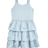 The Pearly Girly Sleeveless Dress by Isobella and Chloe is a light blue girls’ dress with a fitted bodice, beaded waistline, and three-tiered ruffled skirt, shown on a white background.
