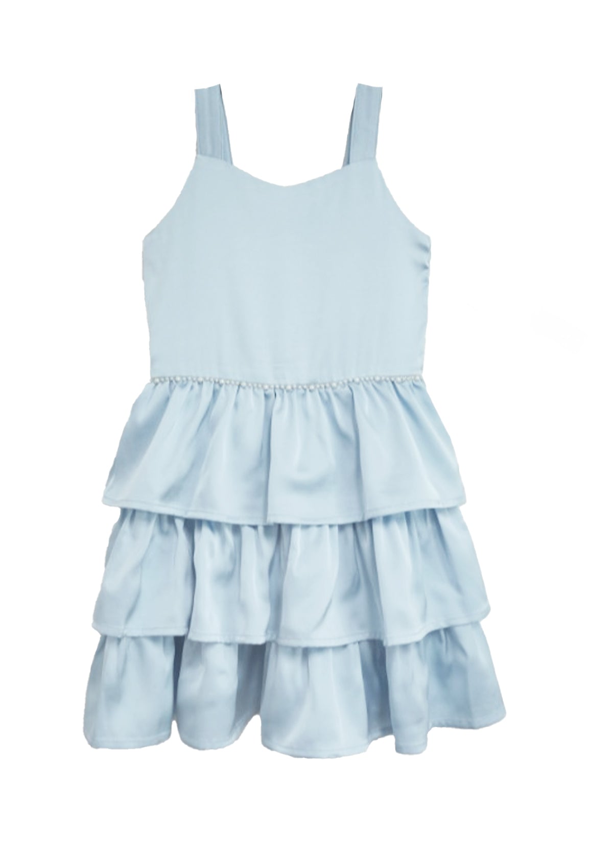 The Pearly Girly Sleeveless Dress by Isobella and Chloe is a light blue girls’ dress with a fitted bodice, beaded waistline, and three-tiered ruffled skirt, shown on a white background.