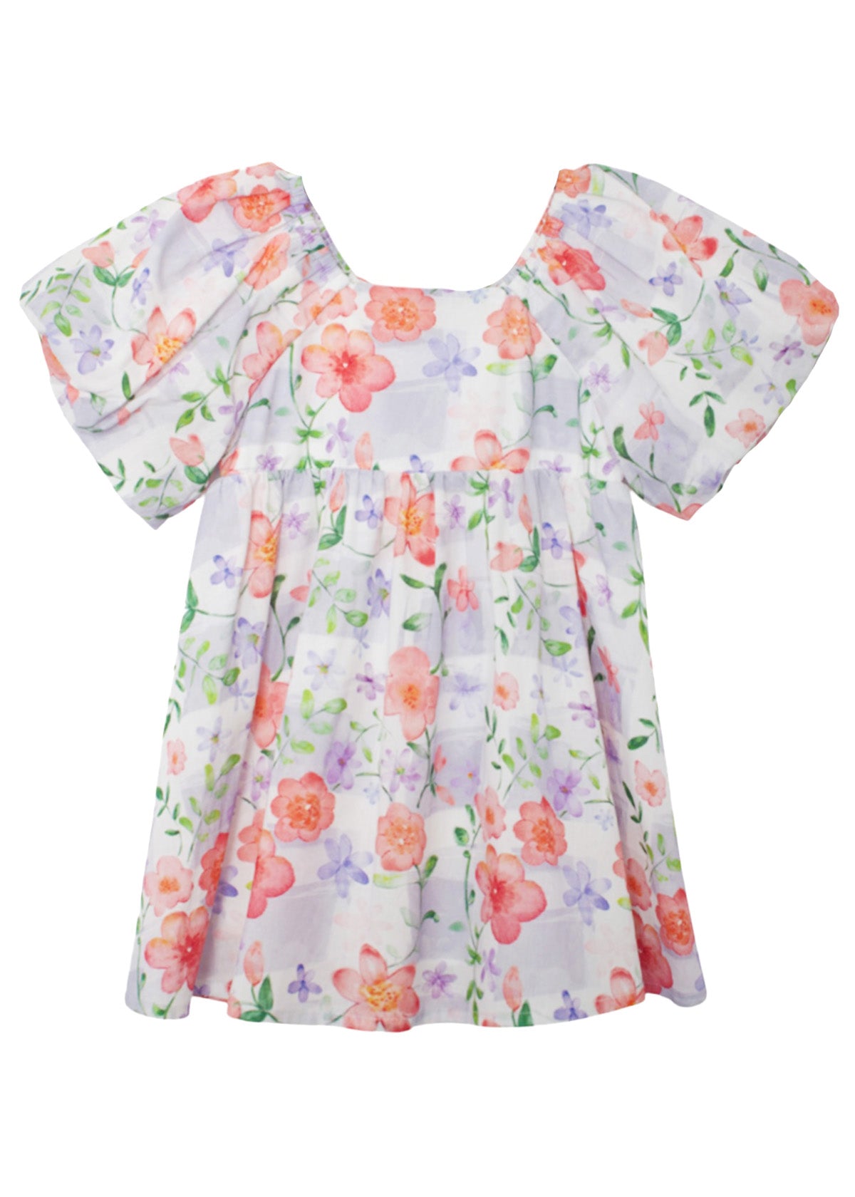 The Lavender Daze Puff Sleeve Dress by Mabel and Honey features short puffy sleeves, a gathered waist, and a pastel floral watercolor print in pink, orange, and purple on white.