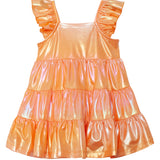 The Isobella and Chloe Papaya Paradise Sleeveless Dress is a shiny, metallic orange girls' party dress with ruffled shoulder straps and a three-tiered ruffle skirt, featuring an iridescent finish for any special occasion.