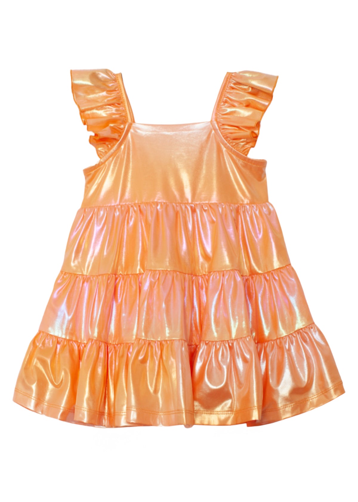 The Isobella and Chloe Papaya Paradise Sleeveless Dress is a shiny, metallic orange girls' party dress with ruffled shoulder straps and a three-tiered ruffle skirt, featuring an iridescent finish for any special occasion.