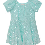 The Isobella and Chloe Teal Twinkle Short Sleeve Dress features a flared skirt, sequin accents, and ruffle hem—perfect for any special occasion.