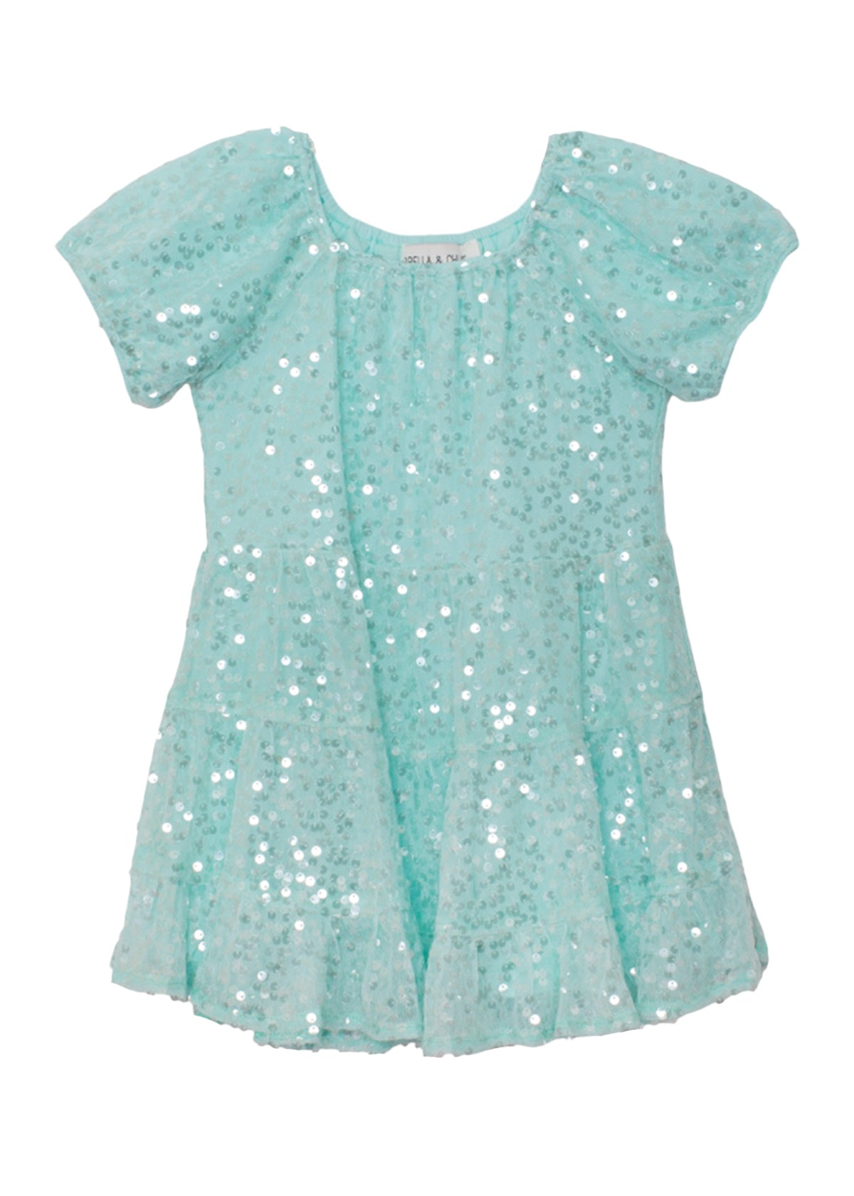The Isobella and Chloe Teal Twinkle Short Sleeve Dress features a flared skirt, sequin accents, and ruffle hem—perfect for any special occasion.