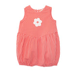 The Mabel and Honey Striped Blossom Sleeveless Romper showcases a coral design with white stripes, gathered waist, elastic leg openings, and a cute flower applique on the chest.