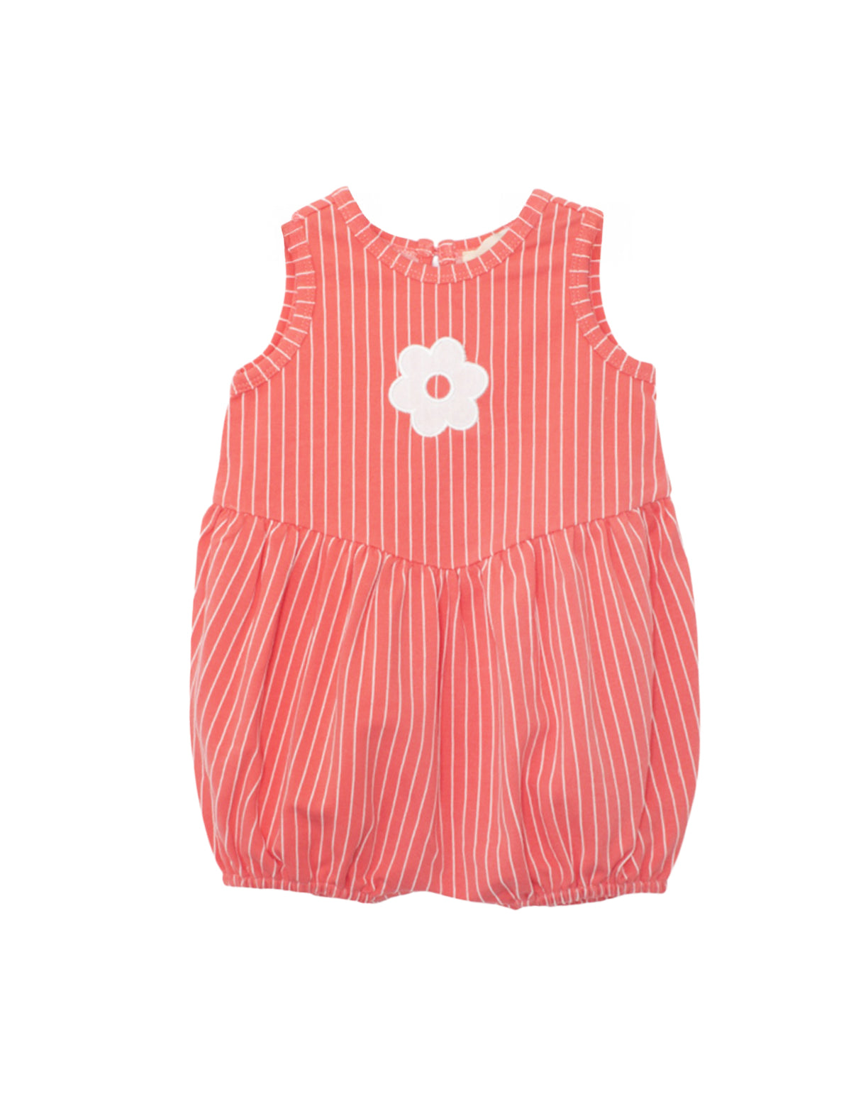The Mabel and Honey Striped Blossom Sleeveless Romper showcases a coral design with white stripes, gathered waist, elastic leg openings, and a cute flower applique on the chest.