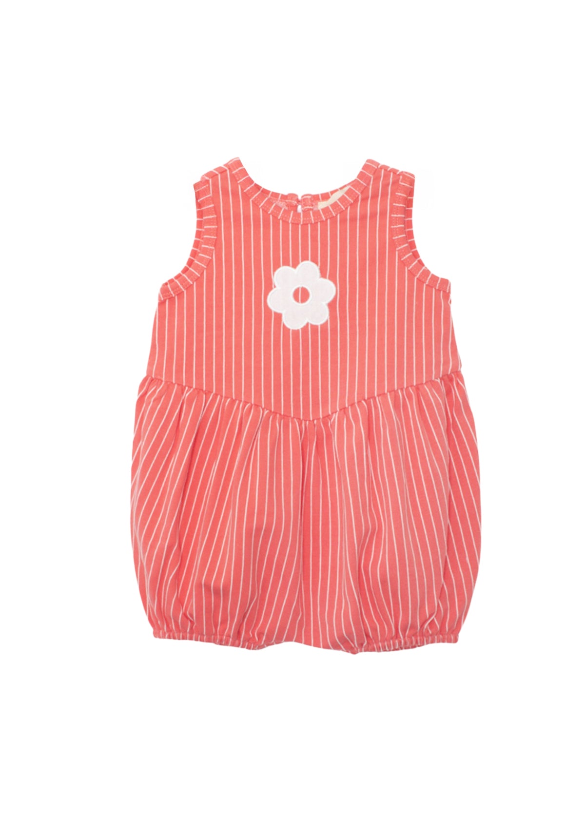 The Mabel and Honey Striped Blossom Sleeveless Romper showcases a coral design with white stripes, gathered waist, elastic leg openings, and a cute flower applique on the chest.
