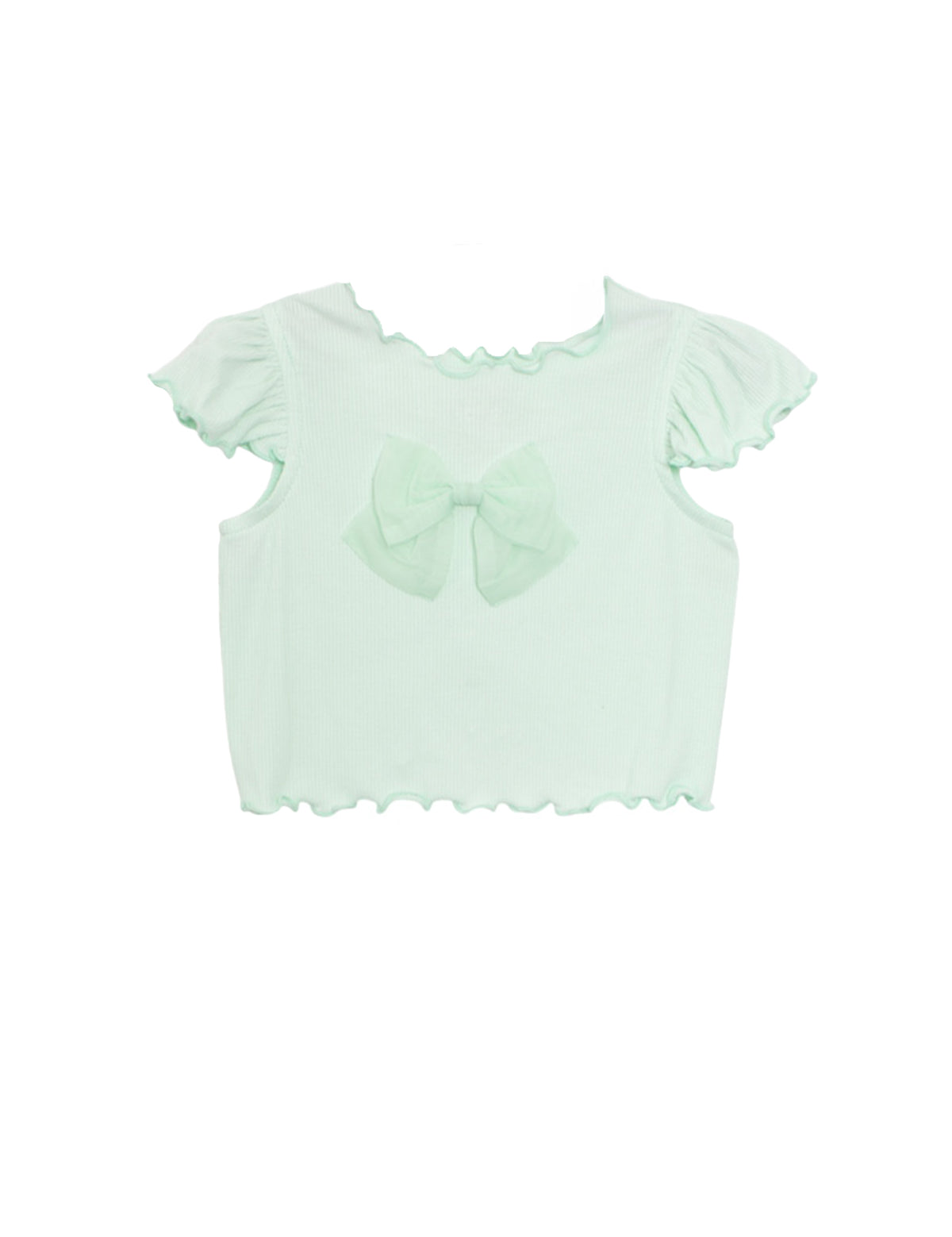 The Isobella and Chloe Alice Short Ruffle Sleeve Top for girls features light mint green ribbed knit, short ruffled sleeves, and a large matching bow on the chest, shown against a plain white background.