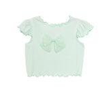 The Isobella and Chloe Alice Short Ruffle Sleeve Top for girls features light mint green ribbed knit, short ruffled sleeves, and a large matching bow on the chest, shown against a plain white background.