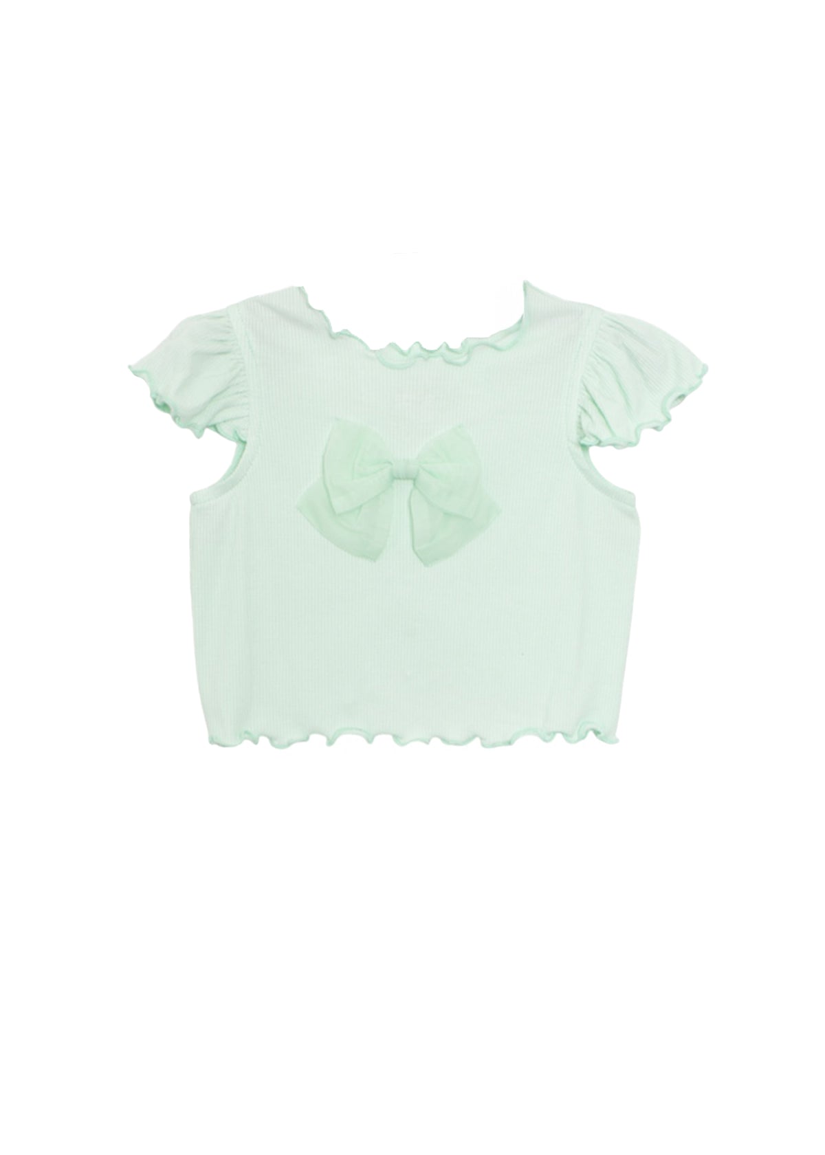 The Isobella and Chloe Alice Short Ruffle Sleeve Top for girls features light mint green ribbed knit, short ruffled sleeves, and a large matching bow on the chest, shown against a plain white background.