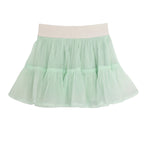 The Isobella and Chloe Alice Skirt Skirt is a light mint green, knee-length tiered ruffle skirt with a white elastic waistband and airy layers of sheer fabric for a voluminous look.