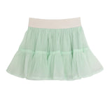 The Isobella and Chloe Alice Skirt Skirt is a light mint green, knee-length tiered ruffle skirt with a white elastic waistband and airy layers of sheer fabric for a voluminous look.