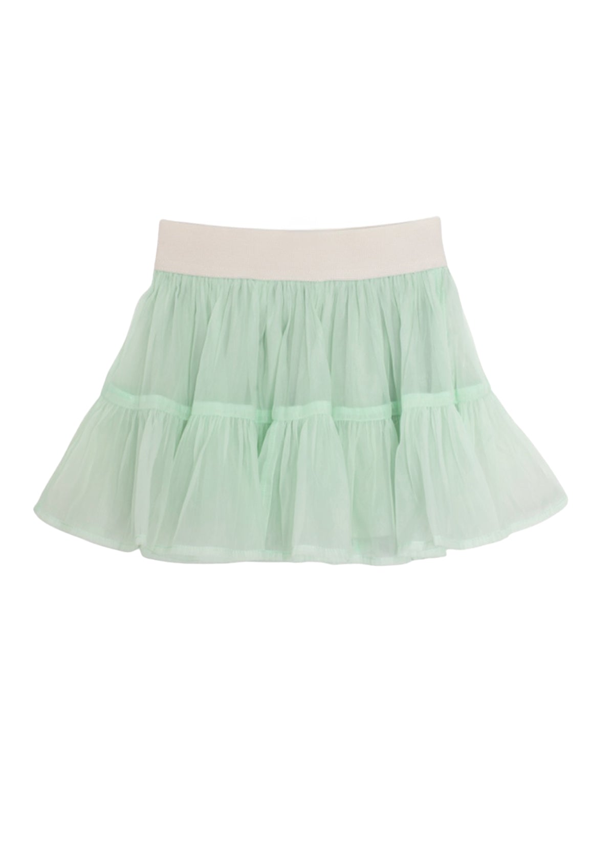 The Isobella and Chloe Alice Skirt Skirt is a light mint green, knee-length tiered ruffle skirt with a white elastic waistband and airy layers of sheer fabric for a voluminous look.