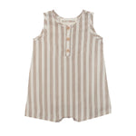 The Nash Sleeveless Romper by Beckett and Bear features beige and white vertical stripes, three front buttons, and a round neckline. Made from breathable fabric, this baby romper is displayed flat on a white background.