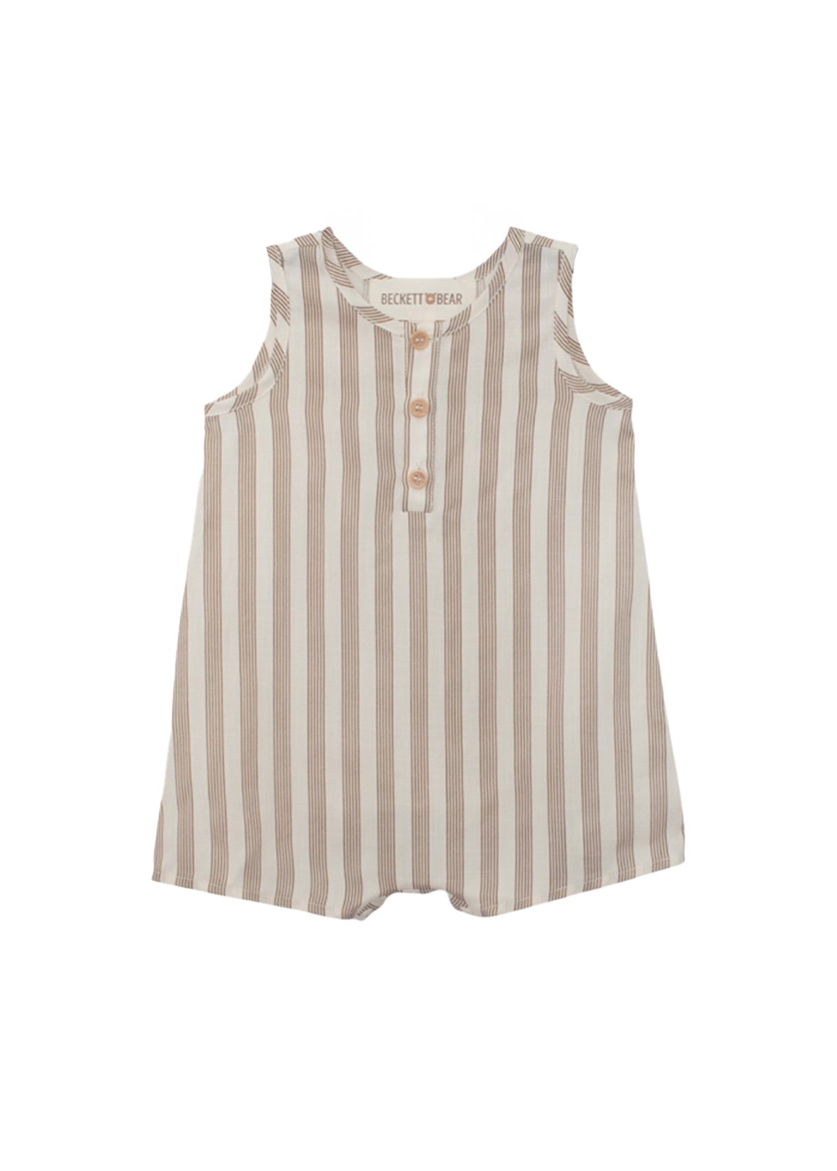 The Nash Sleeveless Romper by Beckett and Bear features beige and white vertical stripes, three front buttons, and a round neckline. Made from breathable fabric, this baby romper is displayed flat on a white background.