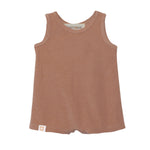The Dustin Sleeveless Romper by Beckett and Bear is a brown terry cloth tank top romper for children, shown flat on a white background with a small fabric tag at the bottom hem.