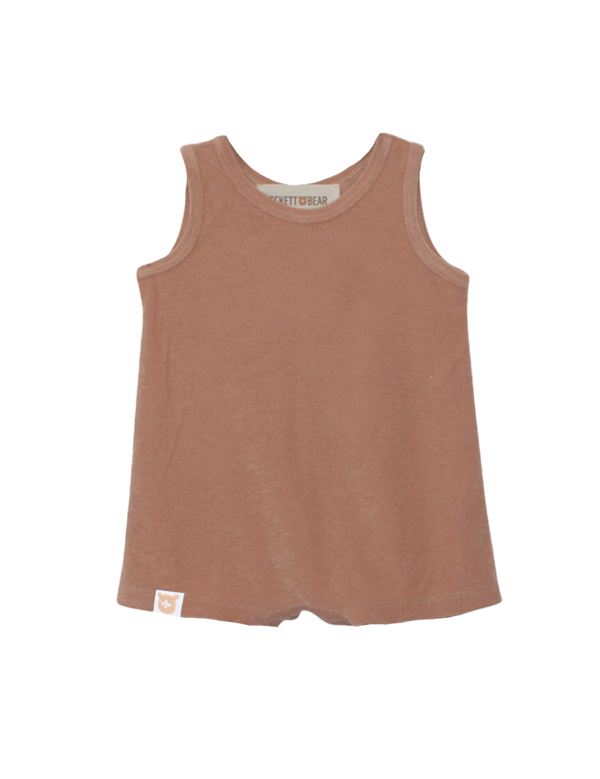 The Dustin Sleeveless Romper by Beckett and Bear is a brown terry cloth tank top romper for children, shown flat on a white background with a small fabric tag at the bottom hem.