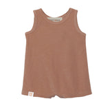 The Dustin Sleeveless Romper by Beckett and Bear is a brown terry cloth tank top romper for children, shown flat on a white background with a small fabric tag at the bottom hem.