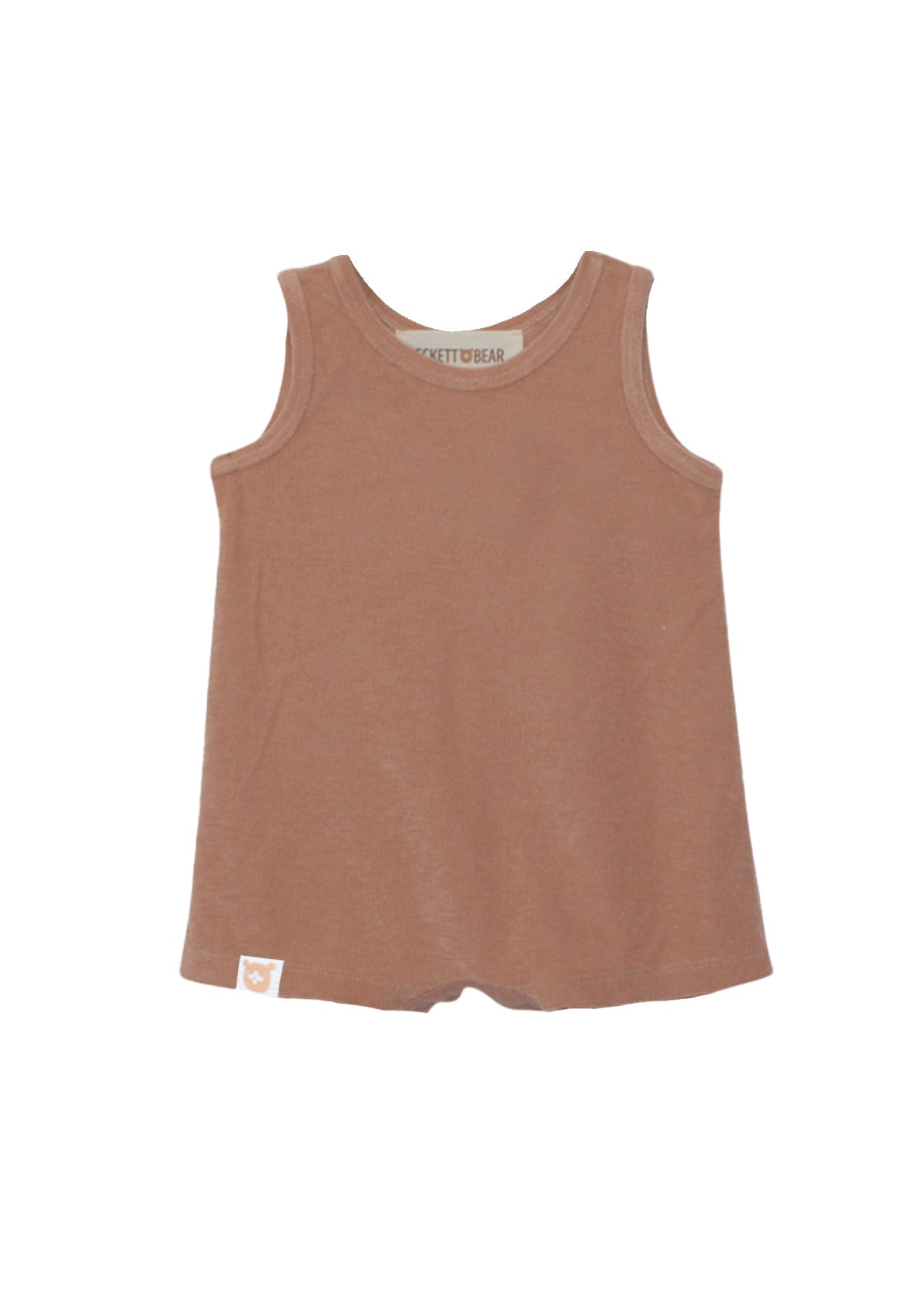 The Dustin Sleeveless Romper by Beckett and Bear is a brown terry cloth tank top romper for children, shown flat on a white background with a small fabric tag at the bottom hem.