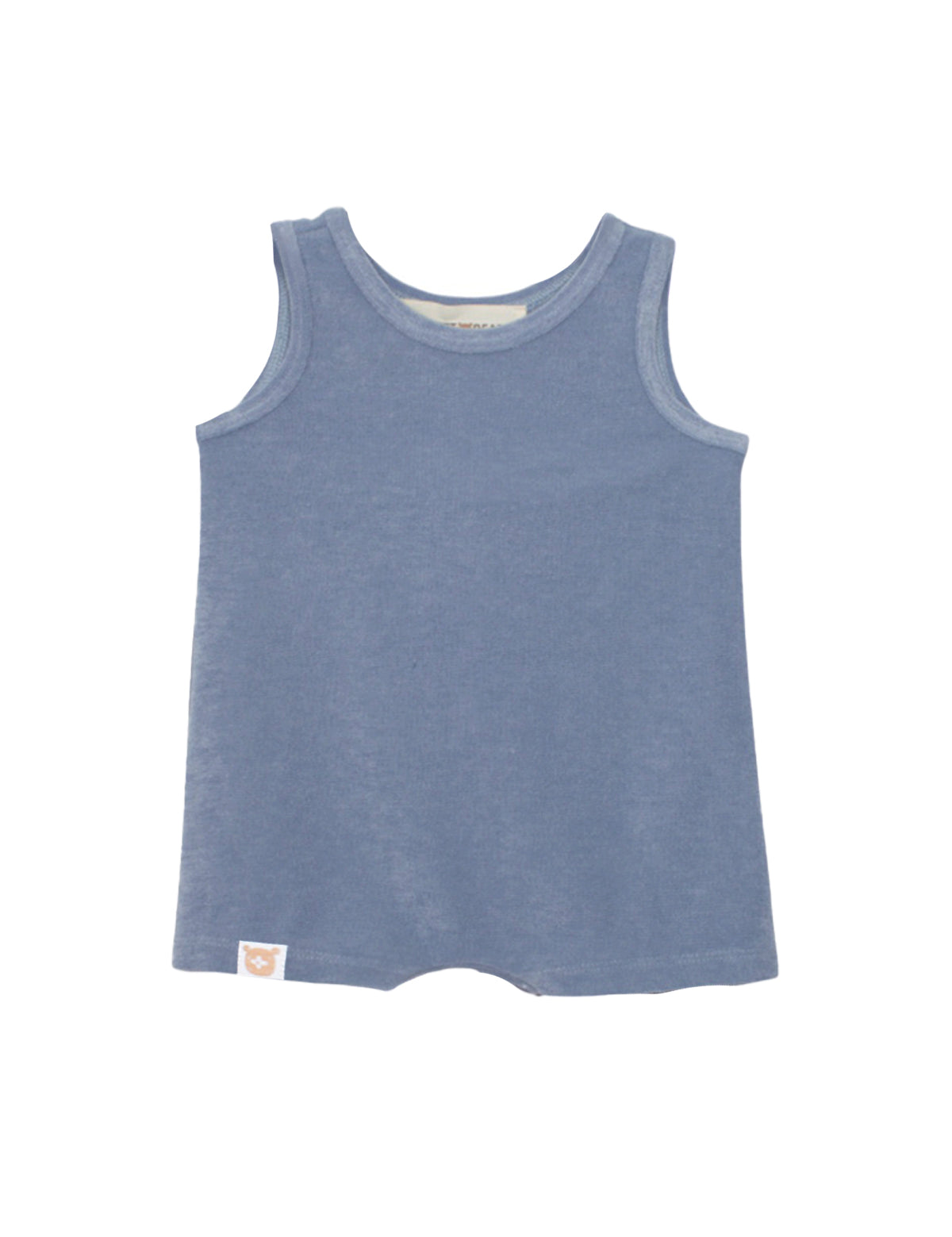 The Axel Sleeveless Romper by Beckett and Bear is a light blue, terry cloth baby romper with a round neckline, sleeveless design, and a small beige tag at the bottom left hem.