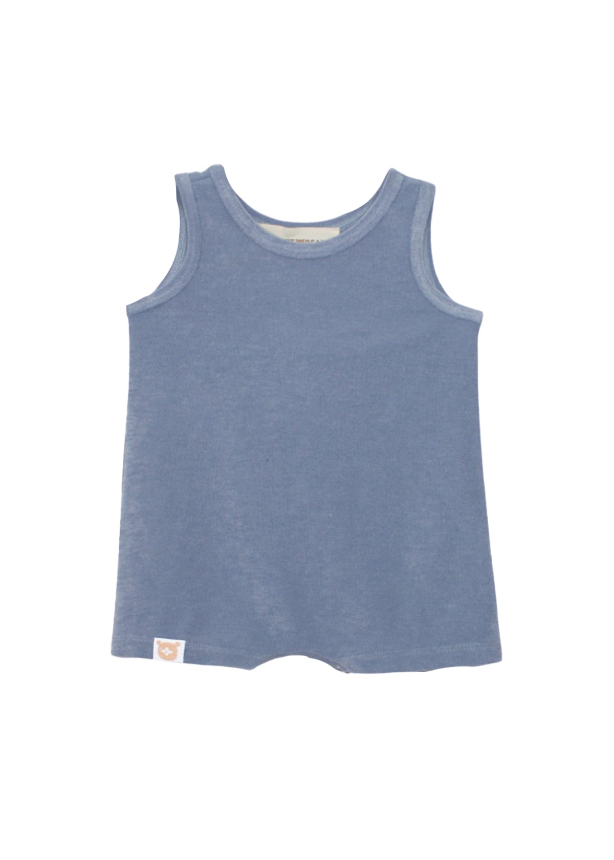 The Axel Sleeveless Romper by Beckett and Bear is a light blue, terry cloth baby romper with a round neckline, sleeveless design, and a small beige tag at the bottom left hem.