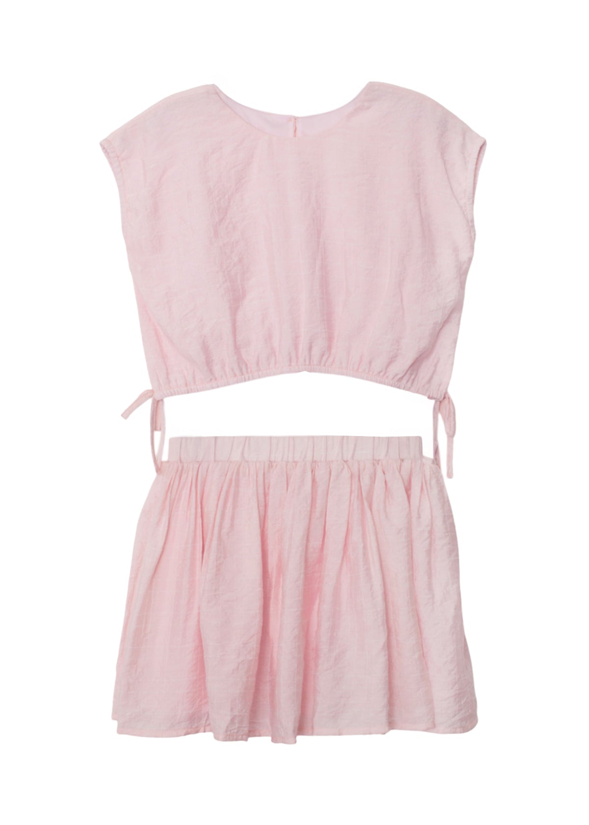 The Mabel and Honey Girlpop Dropshoulder Two Piece Set Pink features a sleeveless, cropped top with side ties and a high-waisted mini skirt in soft, crinkled fabric—an ideal girls pink outfit for any occasion.