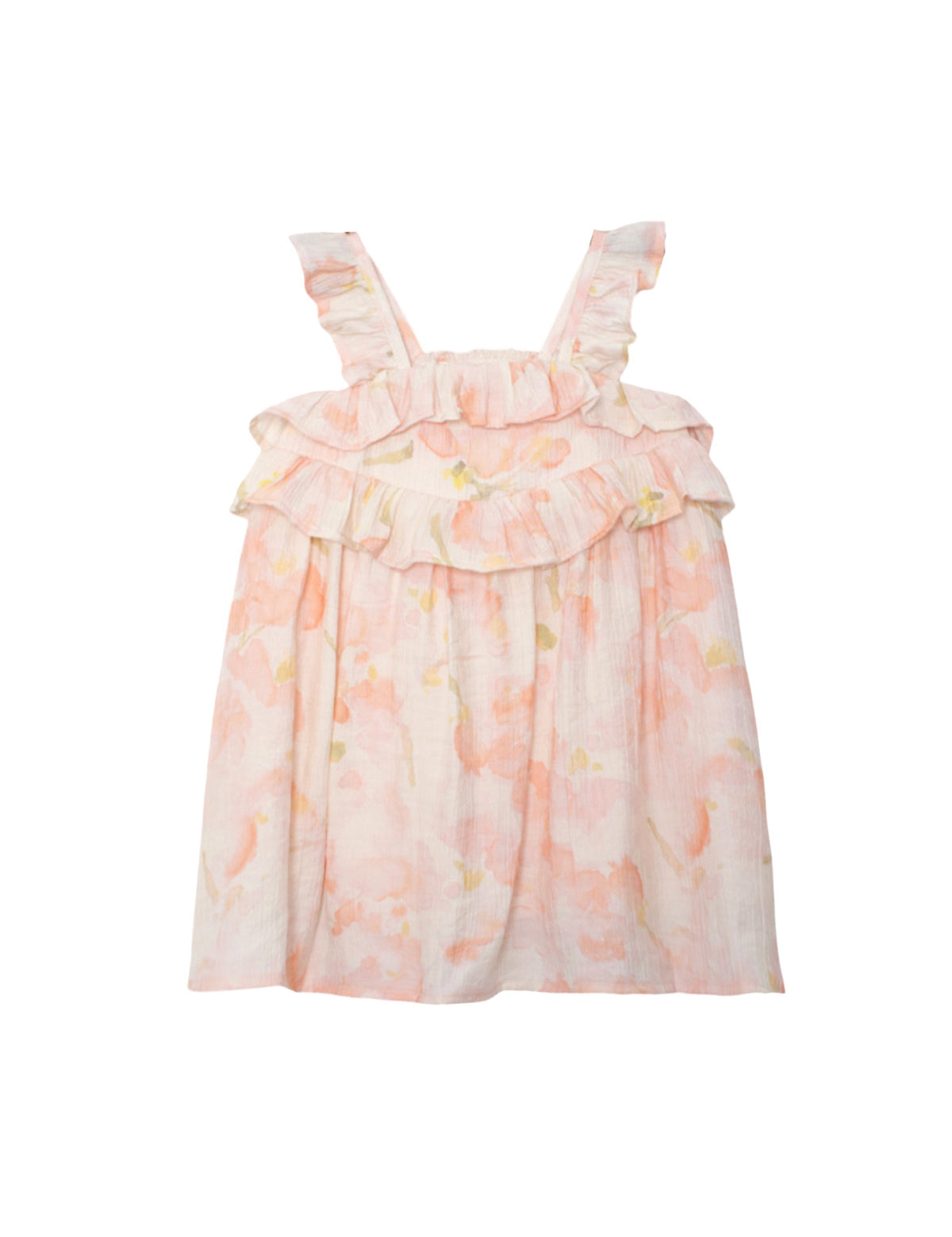 The Sundrop Floral Empire Waist Dress by Isobella and Chloe is a sleeveless pink and white hand-woven dress for girls, with ruffled straps, double ruffle chest detail, and a loose fit—perfect for summer comfort and charm.