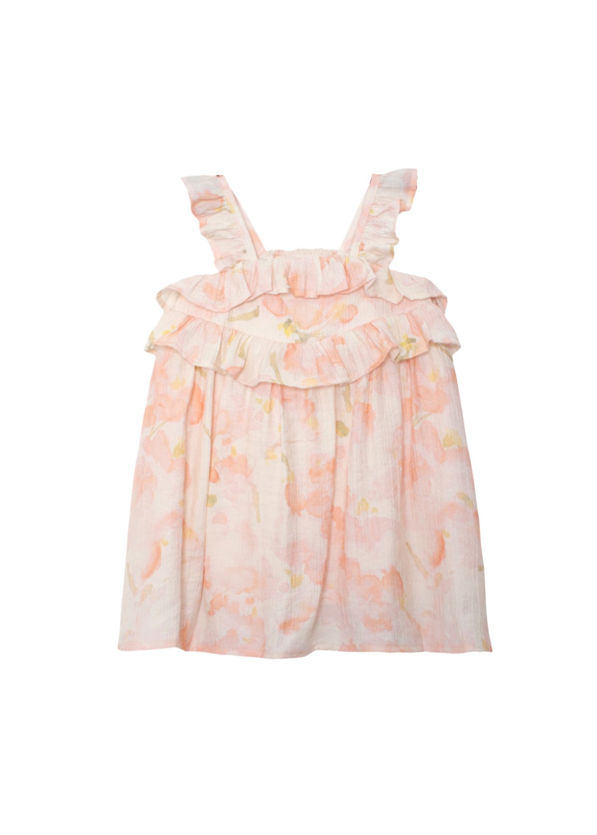 The Sundrop Floral Empire Waist Dress by Isobella and Chloe is a sleeveless pink and white hand-woven dress for girls, with ruffled straps, double ruffle chest detail, and a loose fit—perfect for summer comfort and charm.