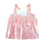 The Isobella and Chloe Strawberry Sparkle Sleeveless Baby Dress is an iridescent pink A-line party dress with a metallic finish, shoulder ties, and a ruffled chest layer—perfect for young girls.
