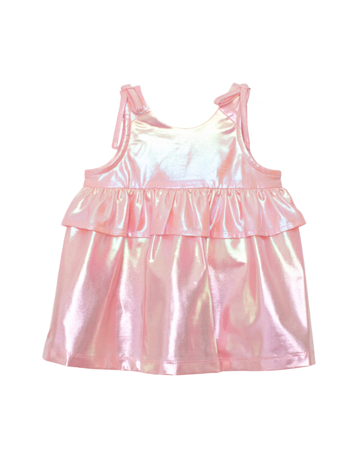 The Isobella and Chloe Strawberry Sparkle Sleeveless Baby Dress is an iridescent pink A-line party dress with a metallic finish, shoulder ties, and a ruffled chest layer—perfect for young girls.