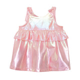 The Isobella and Chloe Strawberry Sparkle Sleeveless Baby Dress is an iridescent pink A-line party dress with a metallic finish, shoulder ties, and a ruffled chest layer—perfect for young girls.