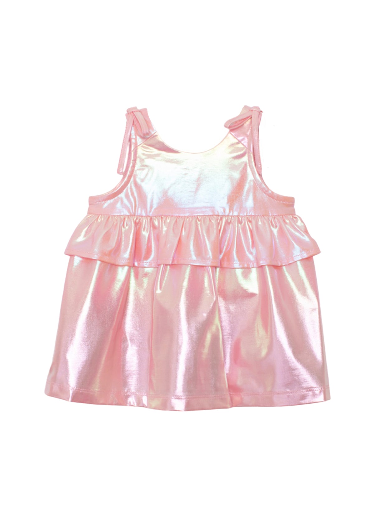 The Isobella and Chloe Strawberry Sparkle Sleeveless Baby Dress is an iridescent pink A-line party dress with a metallic finish, shoulder ties, and a ruffled chest layer—perfect for young girls.