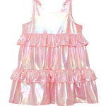 The Isobella and Chloe Strawberry Sparkle Sleeveless Dress Pink features a shiny, iridescent finish, two ruffled tiers on the skirt, shoulder ties, and a soft metallic sheen for a magical girls party look.