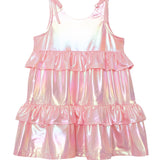 The Isobella and Chloe Strawberry Sparkle Sleeveless Dress Pink features a shiny, iridescent finish, two ruffled tiers on the skirt, shoulder ties, and a soft metallic sheen for a magical girls party look.