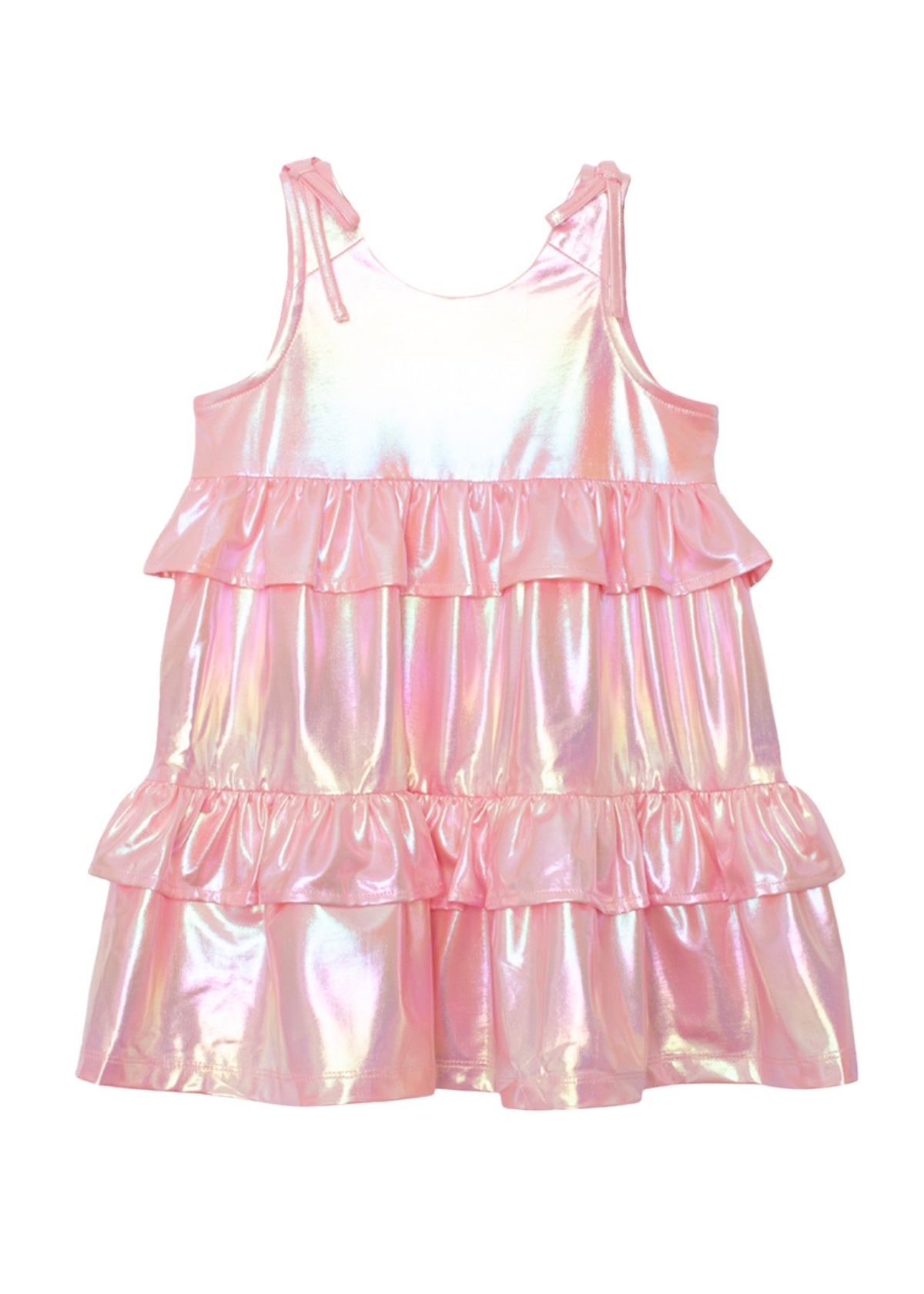 The Isobella and Chloe Strawberry Sparkle Sleeveless Dress Pink features a shiny, iridescent finish, two ruffled tiers on the skirt, shoulder ties, and a soft metallic sheen for a magical girls party look.