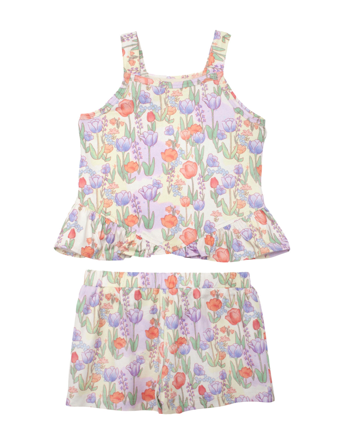 The Mabel and Honey Tulip Twirl Tank Two Piece Set features a sleeveless top and shorts with pink, purple, and orange flowers on a light background—perfect summer clothes or a cute toddler outfit.