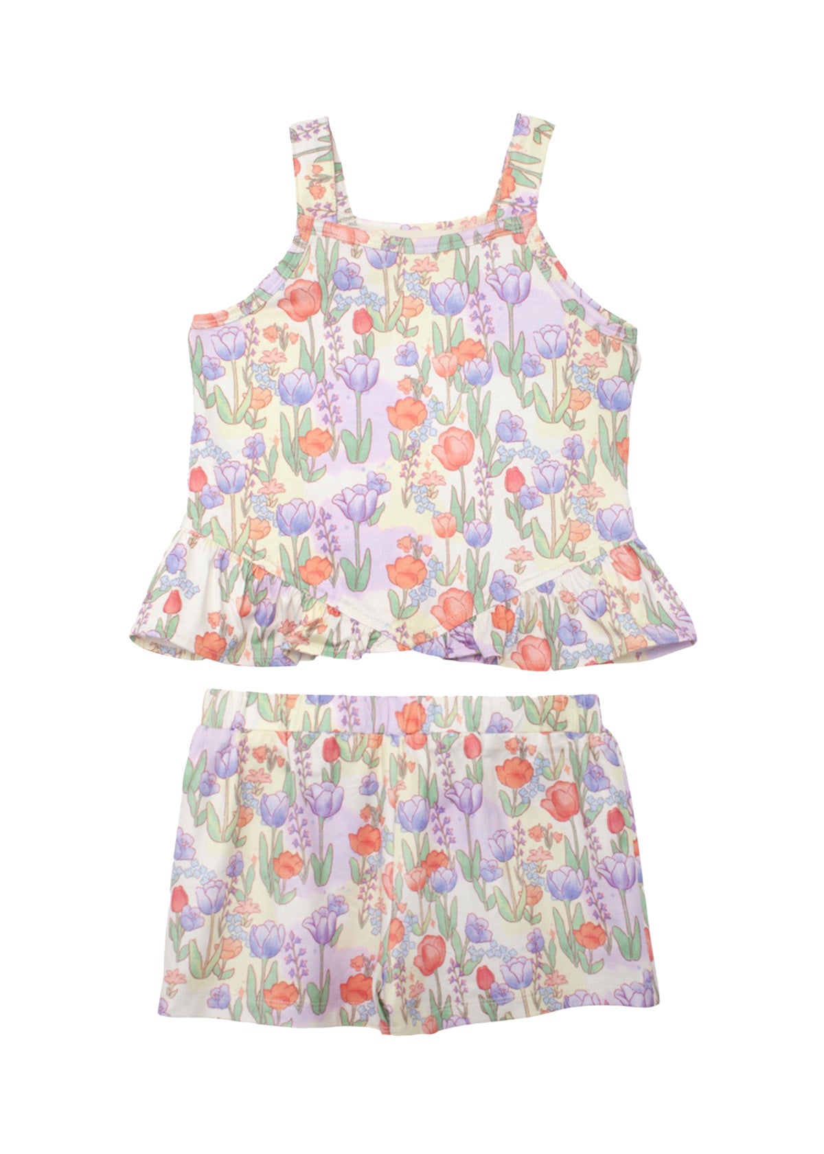 The Mabel and Honey Tulip Twirl Tank Two Piece Set features a sleeveless top and shorts with pink, purple, and orange flowers on a light background—perfect summer clothes or a cute toddler outfit.