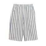 The Beckett and Bear Knox Long Pant features blue and white vertical stripes, soft woven fabric, an elastic waistband, and side pockets—ideal for everyday wear. Shown on a plain white background.