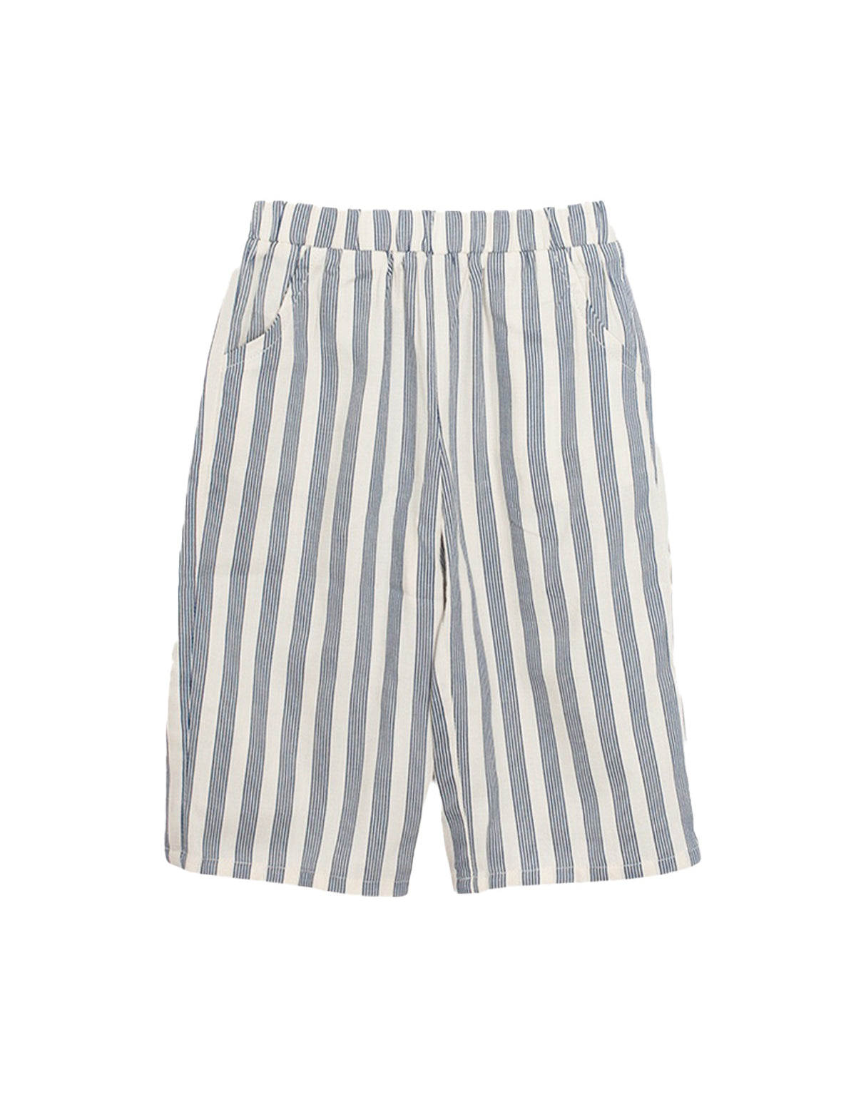 The Beckett and Bear Knox Long Pant features blue and white vertical stripes, soft woven fabric, an elastic waistband, and side pockets—ideal for everyday wear. Shown on a plain white background.