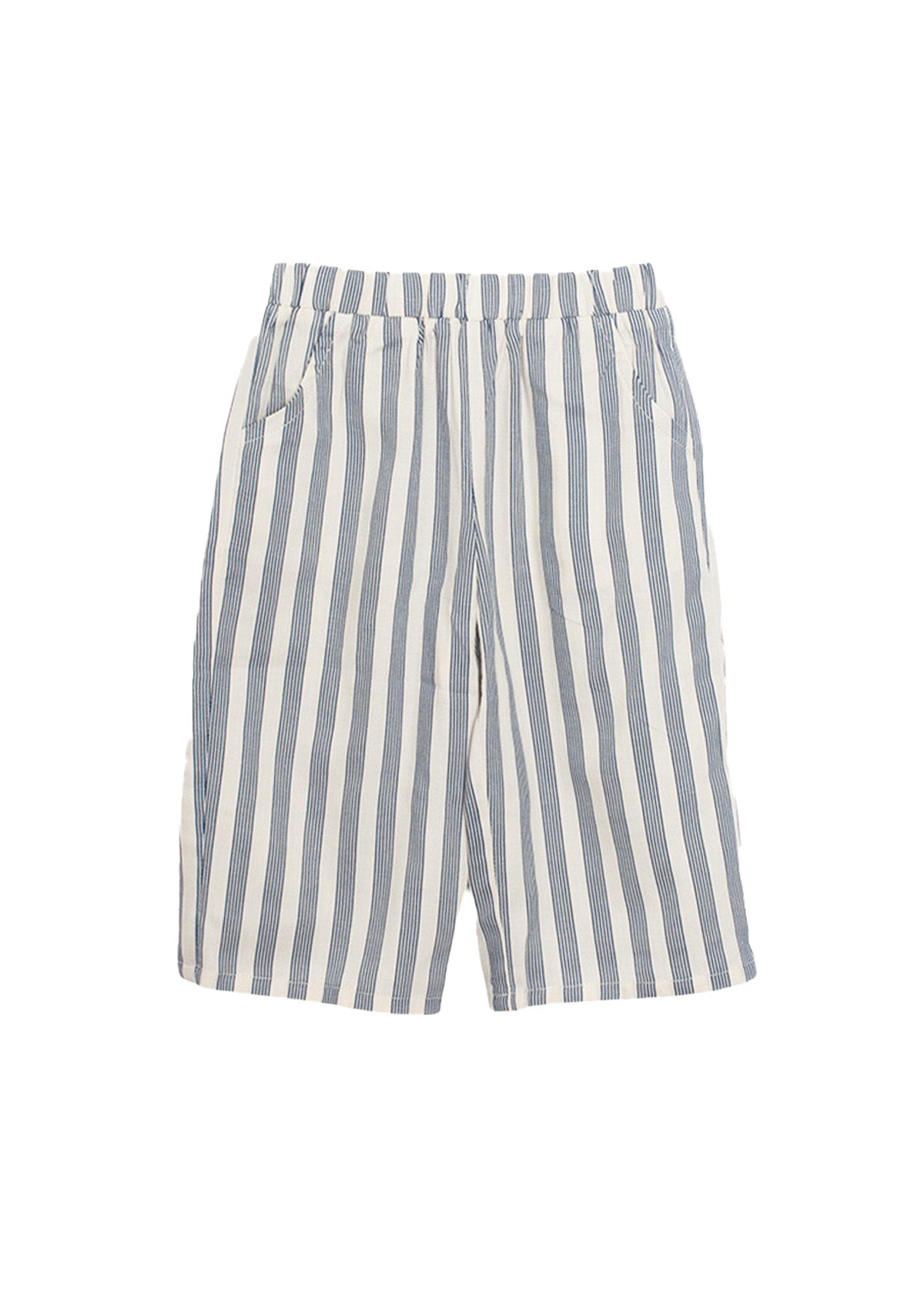 The Beckett and Bear Knox Long Pant features blue and white vertical stripes, soft woven fabric, an elastic waistband, and side pockets—ideal for everyday wear. Shown on a plain white background.