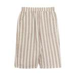 The Nash Long Pant Two Piece Set by Beckett and Bear features beige and white vertical stripes, woven fabric, an elastic waistband, and side pockets—ideal for everyday wear.