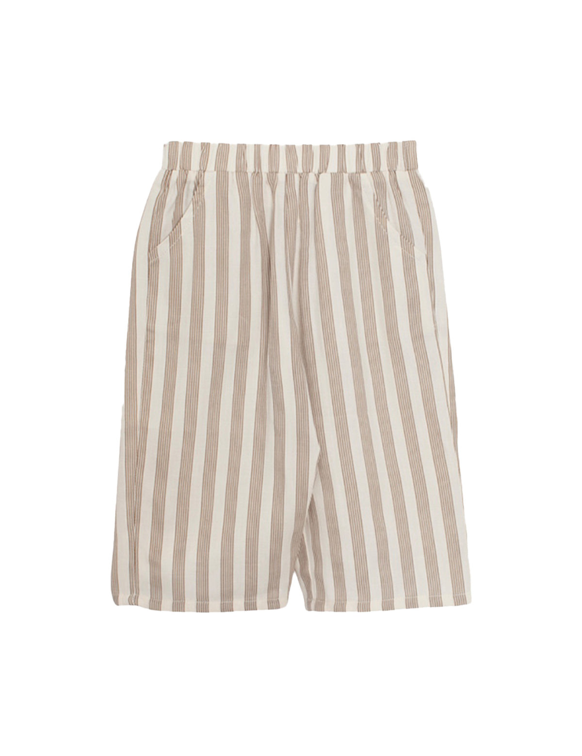 The Nash Long Pant Two Piece Set by Beckett and Bear features beige and white vertical stripes, woven fabric, an elastic waistband, and side pockets—ideal for everyday wear.