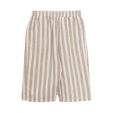 The Nash Long Pant Two Piece Set by Beckett and Bear features beige and white vertical stripes, woven fabric, an elastic waistband, and side pockets—ideal for everyday wear.