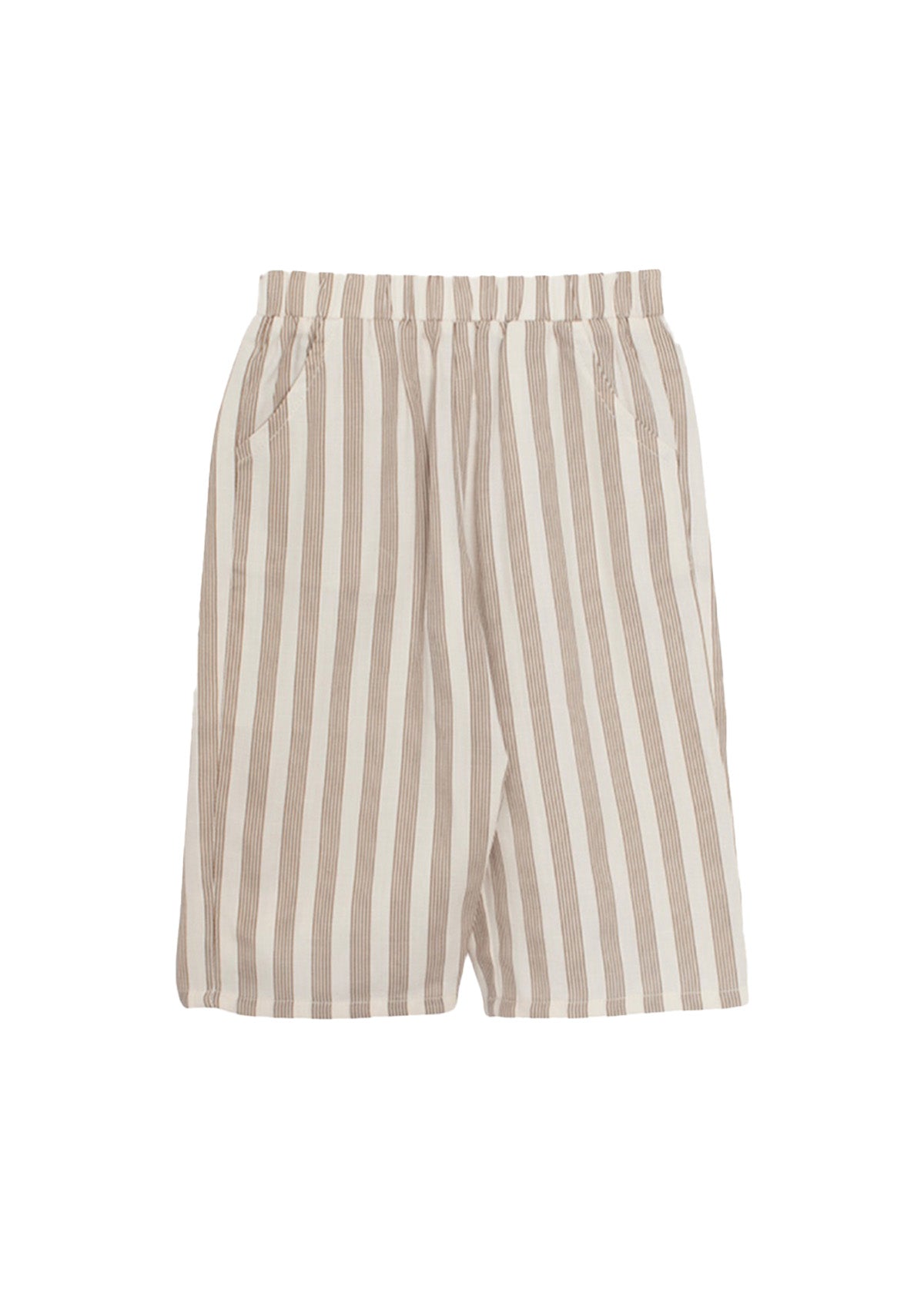 The Nash Long Pant Two Piece Set by Beckett and Bear features beige and white vertical stripes, woven fabric, an elastic waistband, and side pockets—ideal for everyday wear.