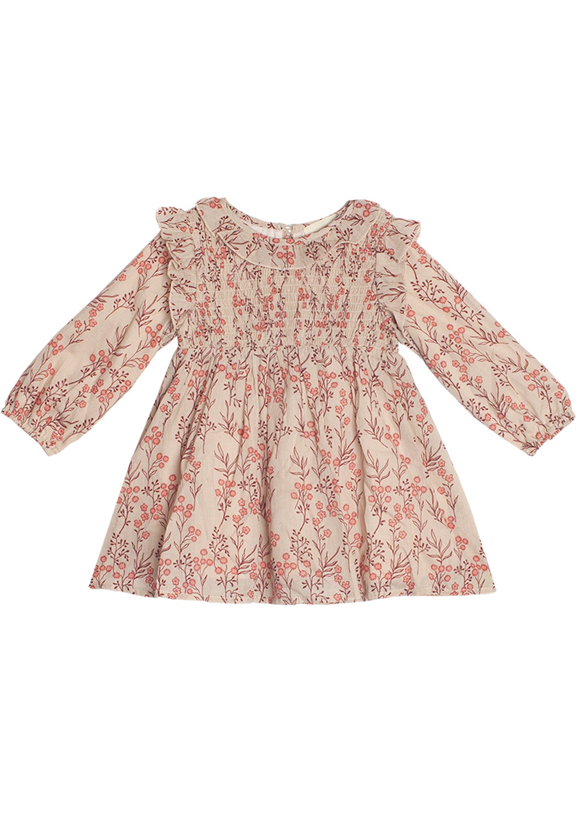 The Autumn Floral Tan Long Sleeve Dress by Mabel + Honey features a red floral pattern, smocked front bodice, ruffled shoulders, flared skirt, and elastic cuffs for comfort. Perfect for toddlers.