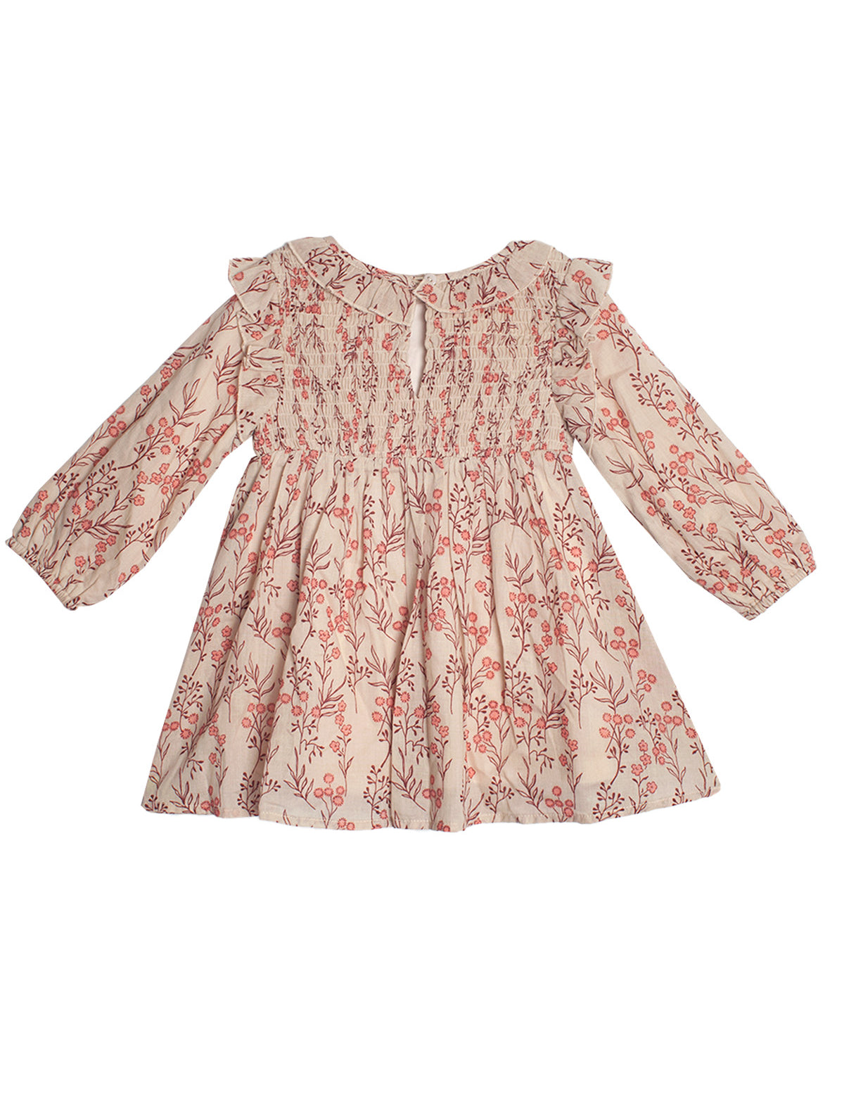 The Mabel + Honey Autumn Floral Tan Long Sleeve Dress for girls features a red floral print, ruffled shoulders, smocked bodice, flared skirt, and keyhole back for charming style and easy dressing.
